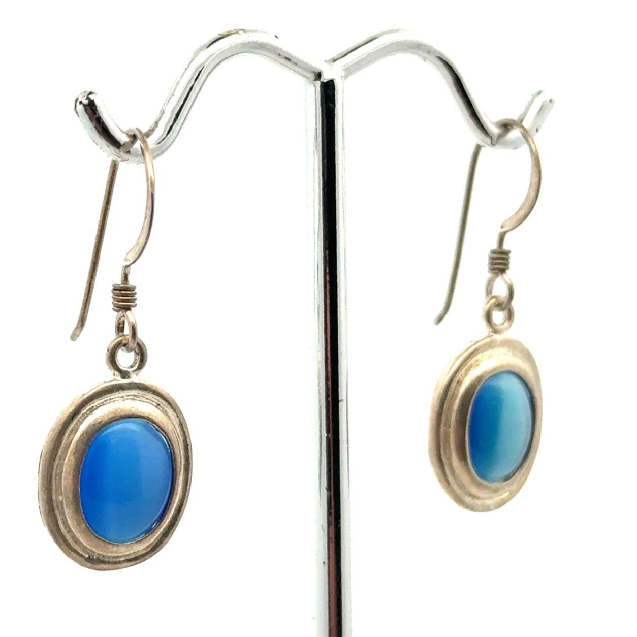 .925 Sterling Silver Blue Cat’s Eye Oval Cabochon Dangle Earrings, 3.5g - Image 4