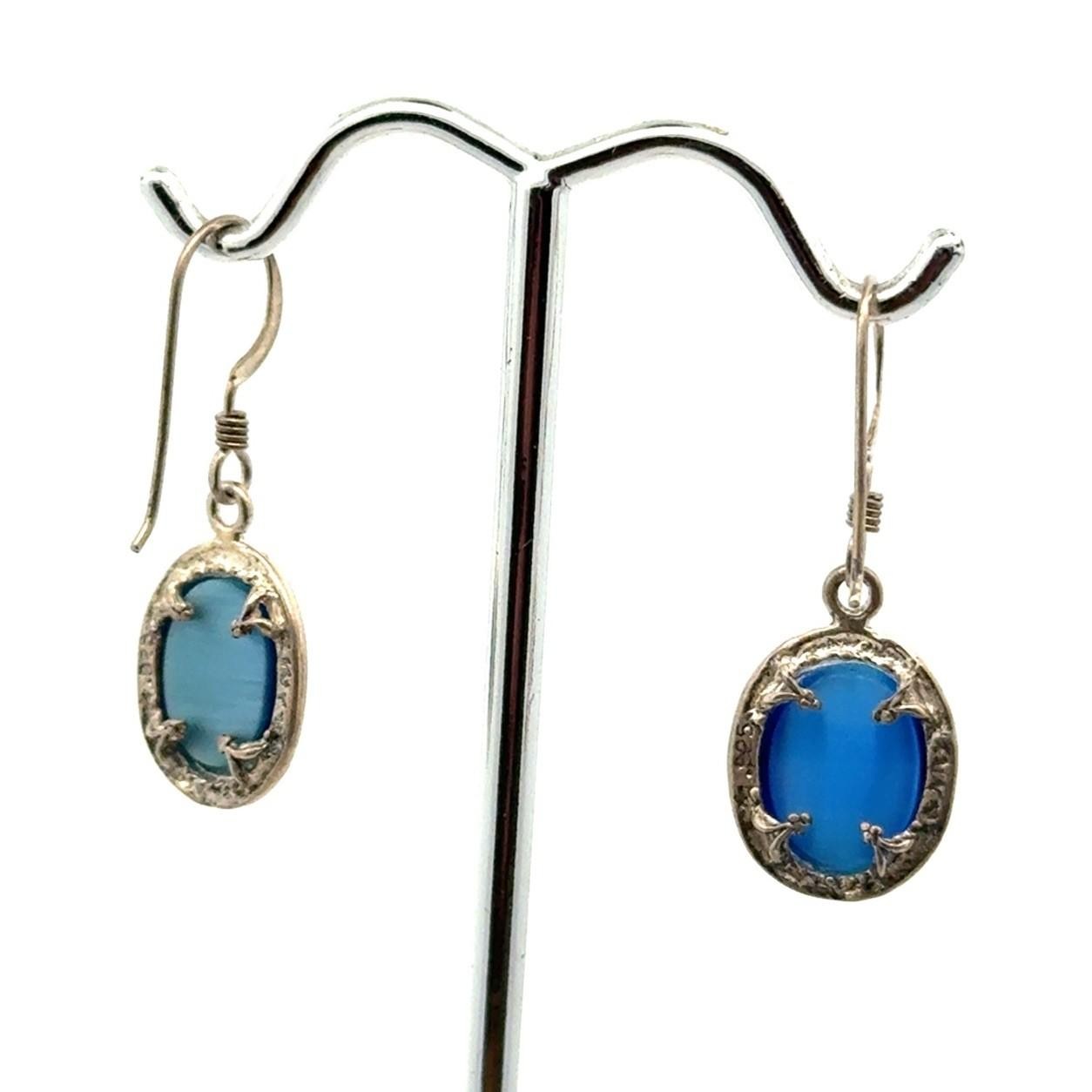 .925 Sterling Silver Blue Cat’s Eye Oval Cabochon Dangle Earrings, 3.5g - Image 5