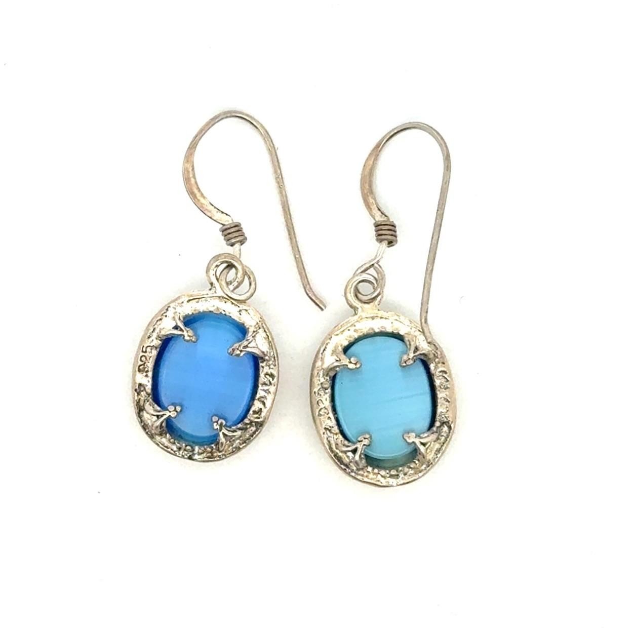 .925 Sterling Silver Blue Cat’s Eye Oval Cabochon Dangle Earrings, 3.5g - Image 6