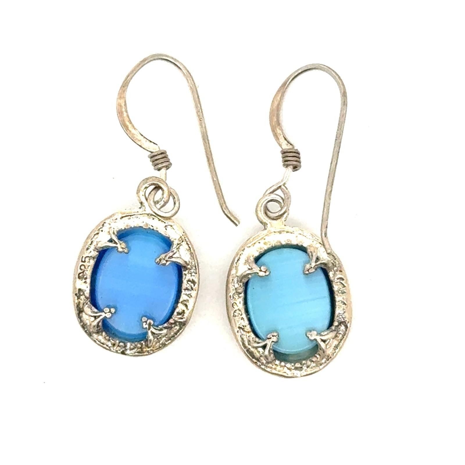 .925 Sterling Silver Blue Cat’s Eye Oval Cabochon Dangle Earrings, 3.5g - Image 7
