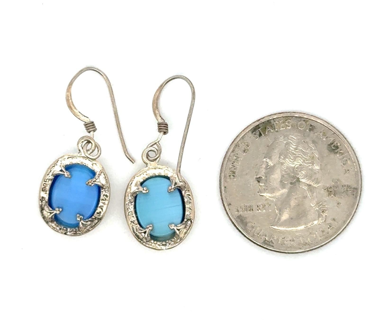 .925 Sterling Silver Blue Cat’s Eye Oval Cabochon Dangle Earrings, 3.5g - Image 8