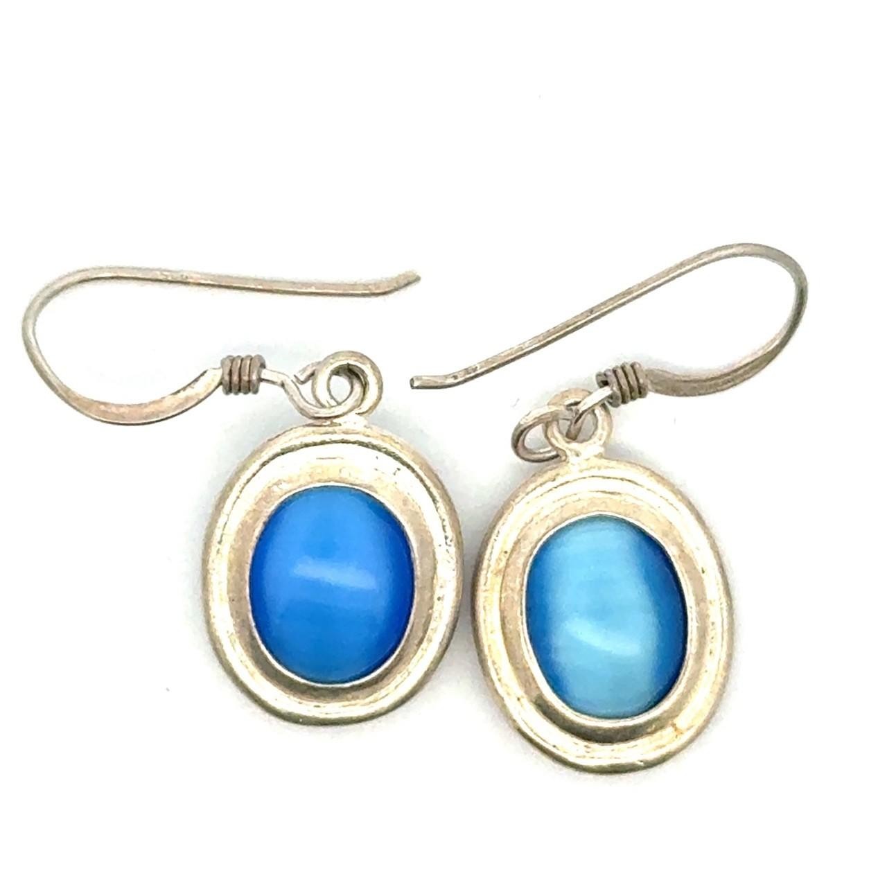 .925 Sterling Silver Blue Cat’s Eye Oval Cabochon Dangle Earrings, 3.5g - Image 9