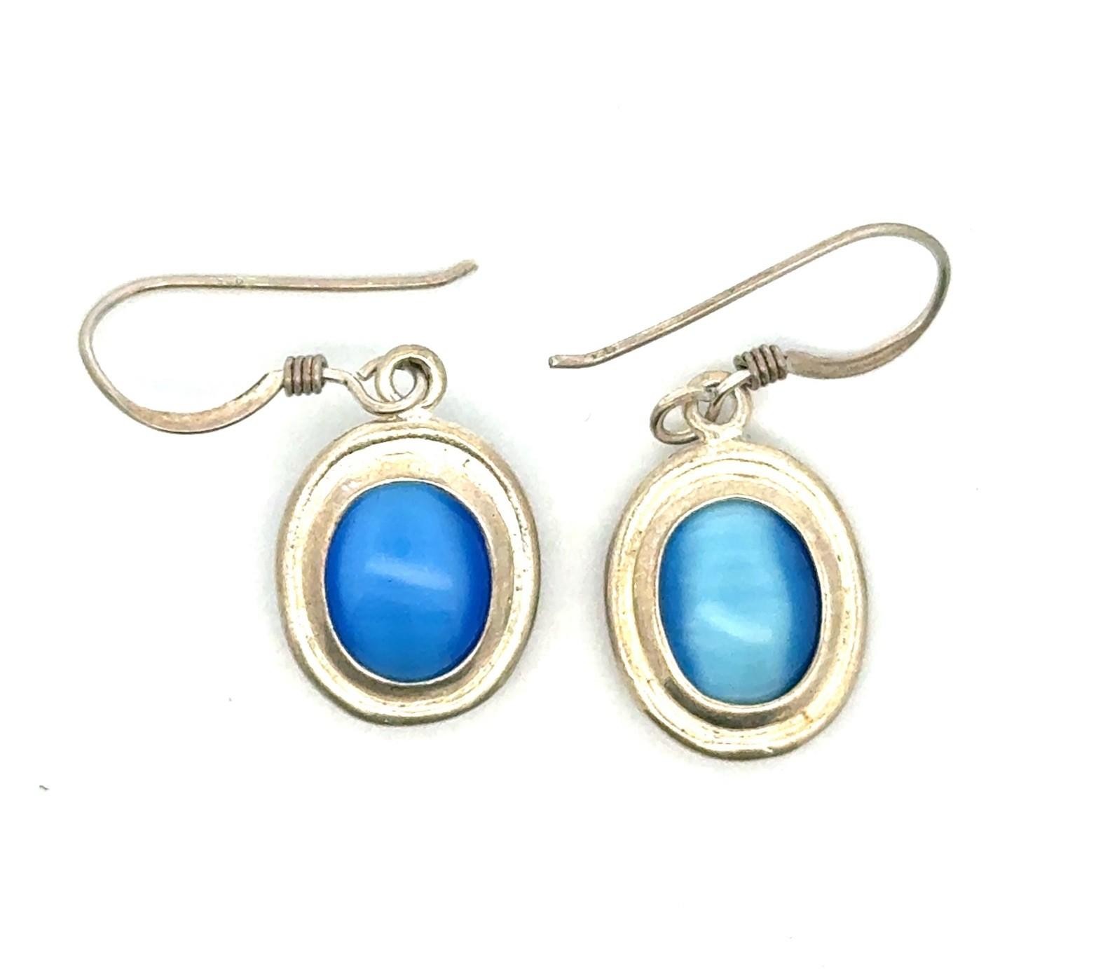 .925 Sterling Silver Blue Cat’s Eye Oval Cabochon Dangle Earrings, 3.5g - Image 10