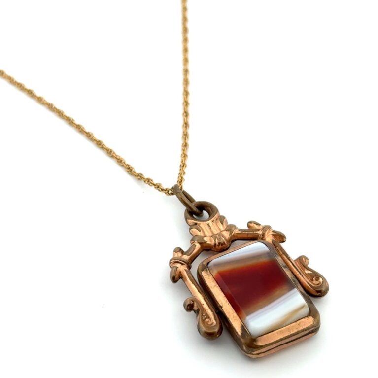 18” 1/20 14k Gold Filled Banded Agate & Onyx Spinner Pendant Rope Chain Necklace
