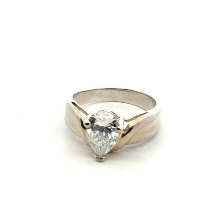 .925 Sterling Silver Swirl, CZ Pear Solitaire Ring, Size-5.5, 2.8g