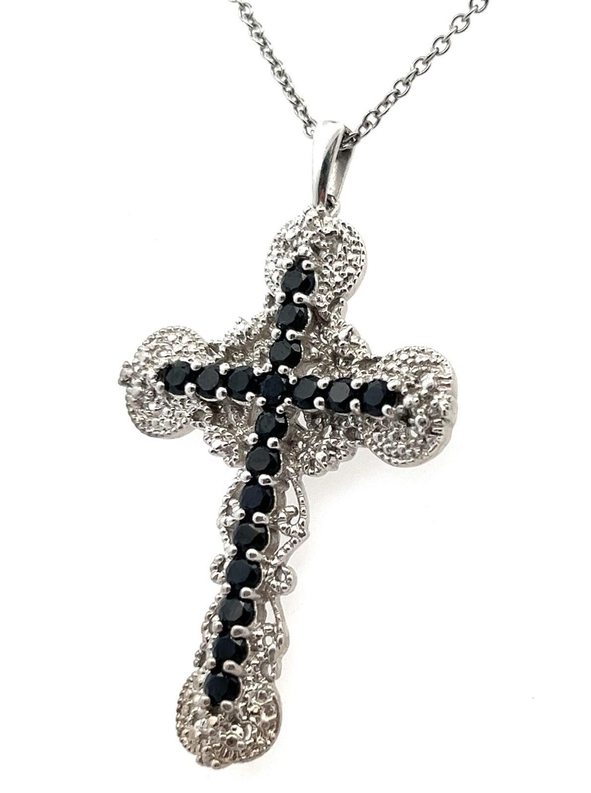 20” STS Karis 925 Black Onyx Filigree Cross Pendant on St.Steel Rolo Chain 10.8g - Image 2