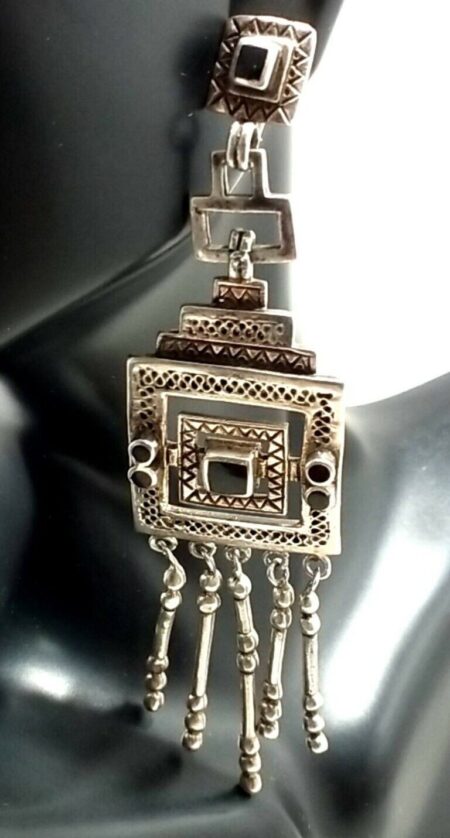 Vintage 925 Sterling Silver Square & Round Onyx Drop Dangle Earrings 32.3 Grams