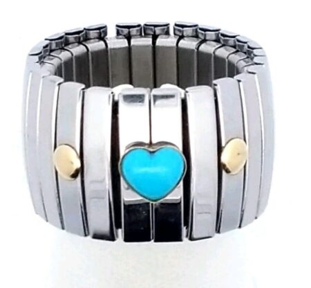 18K Yellow Gold Stainless Steel Stretch Ring with Heart Shaped Turquoise 7.2 G