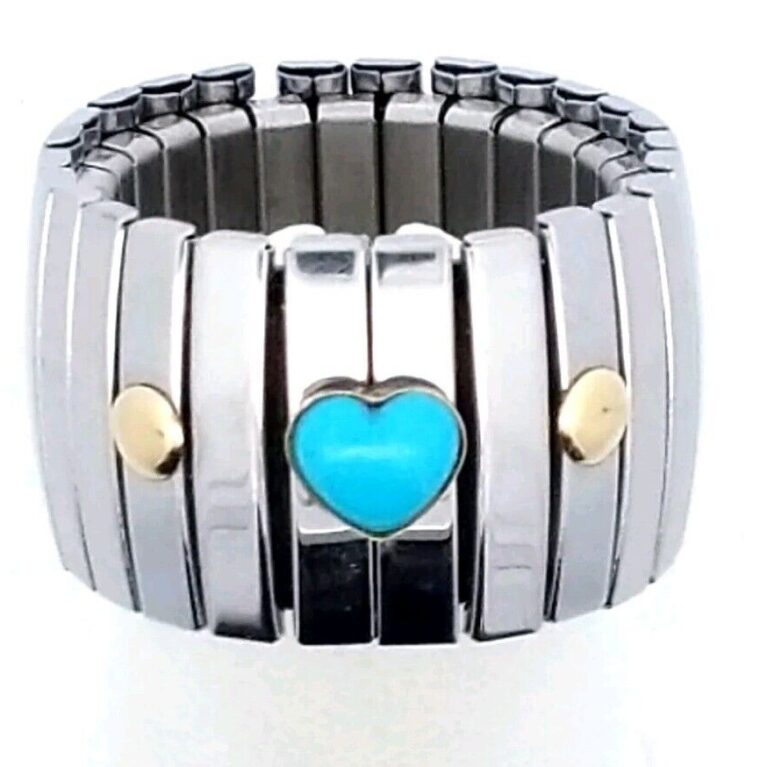 18K Yellow Gold Stainless Steel Stretch Ring with Heart Shaped Turquoise 7.2 G