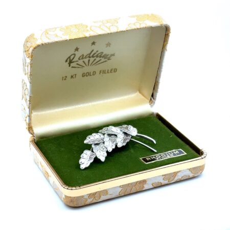 12k Gold Filled Leaf Brooch/Pin, Rhodium Finish, 3.8g