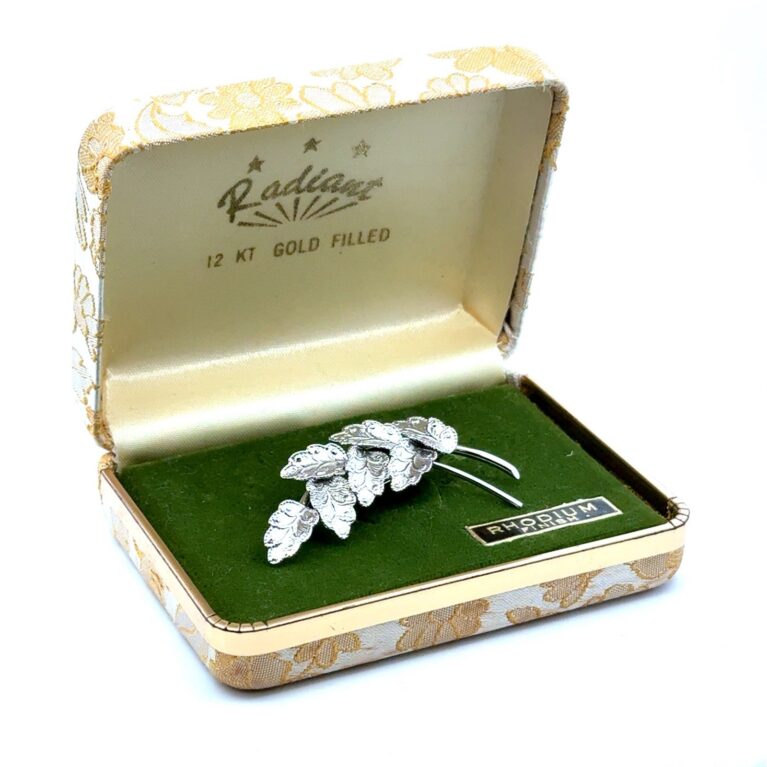 12k Gold Filled Leaf Brooch/Pin, Rhodium Finish, 3.8g