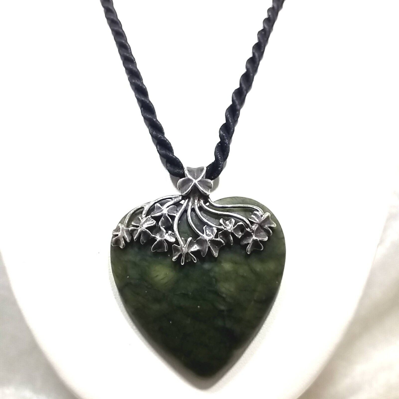 Vintage Connemara Marble Silver Heart on 18" Silk Rope