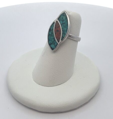 Vintage 925 Sterling Silver Turquoise and Red Coral Mosaic Ring Size: 4.5