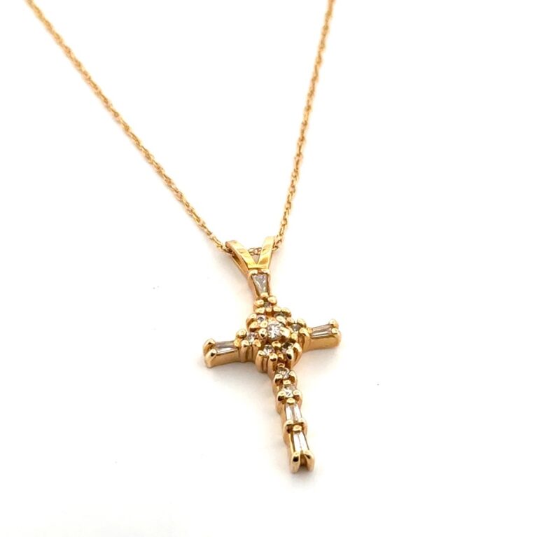 18” Dainty 14k Yellow Gold Diamond Cross Pendant Necklace 2.6g