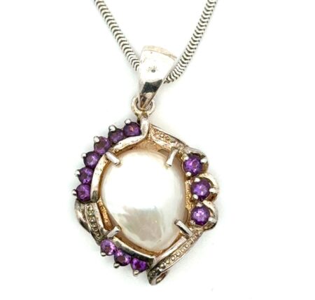 18” Vintage 925 Sterling Silver Mabe Pearl & Amethyst Pendant Necklace, 11.9g