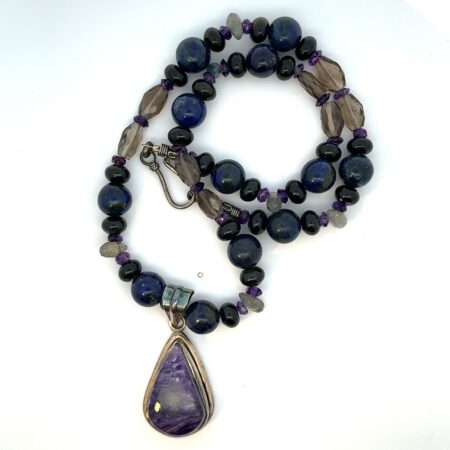 17.5” Amethyst Necklace with Sterling Silver Charoite Pendant  - 47.4 g