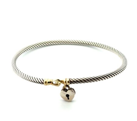 6.5” x 3mm 925 Sterling Silver & 18k Gold Heart Lock Charm Cable Buckle Bracelet
