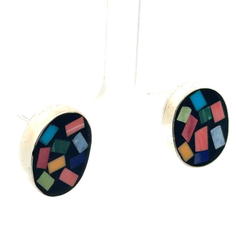 Vintage Taxco Native American Zuni 925 Sterling Silver Mosaic Earrings, 11g
