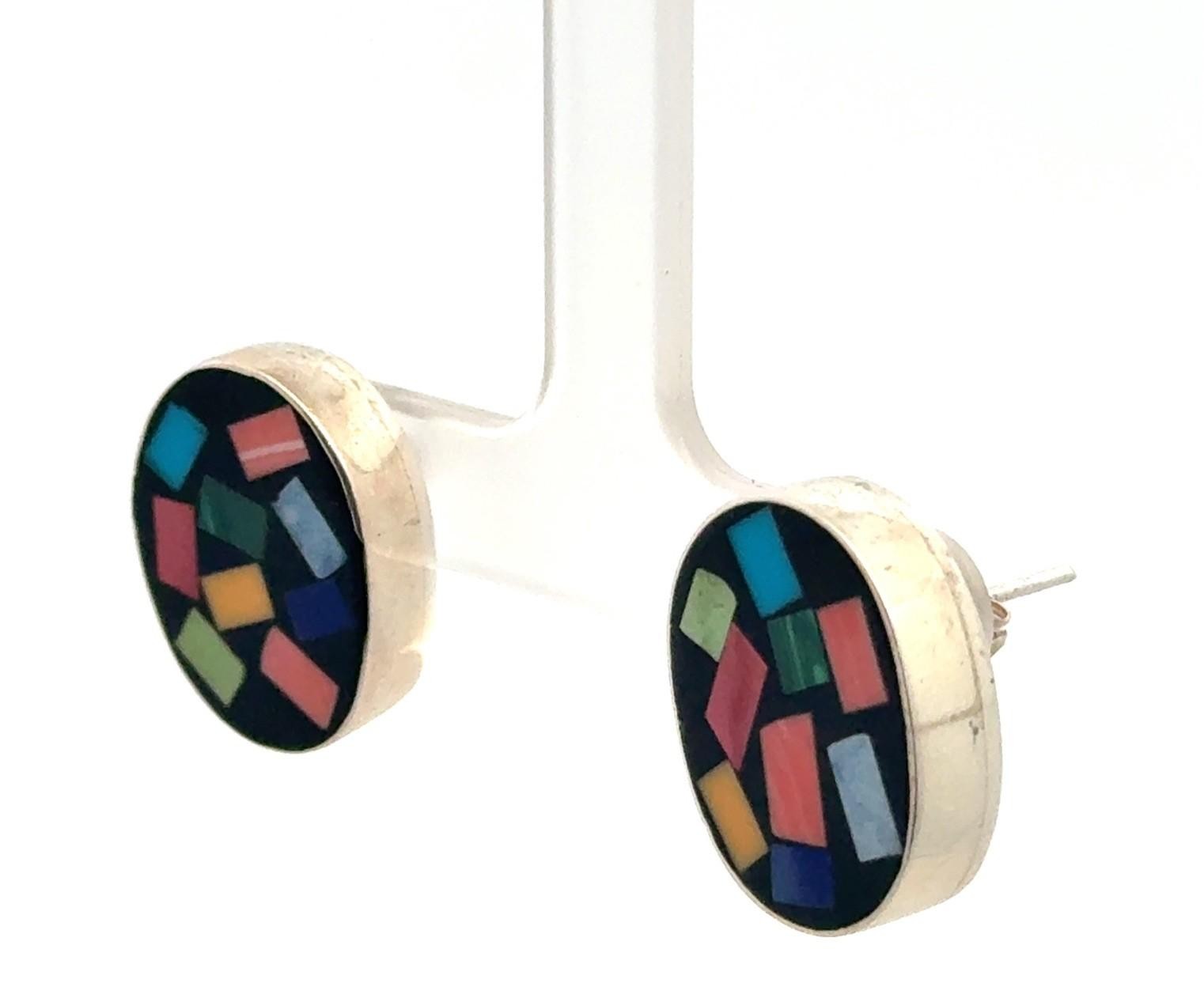 Vintage Taxco Native American Zuni 925 Sterling Silver Mosaic Earrings, 11g - Image 2