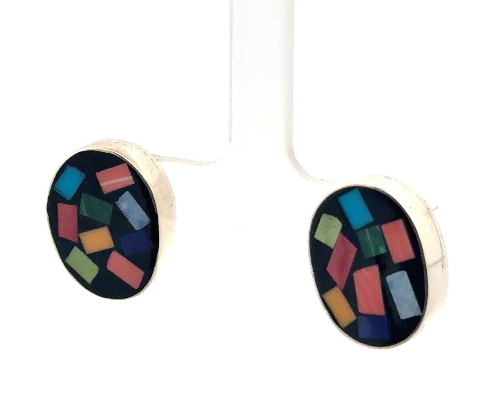 Vintage Taxco Native American Zuni 925 Sterling Silver Mosaic Earrings, 11g - Image 3