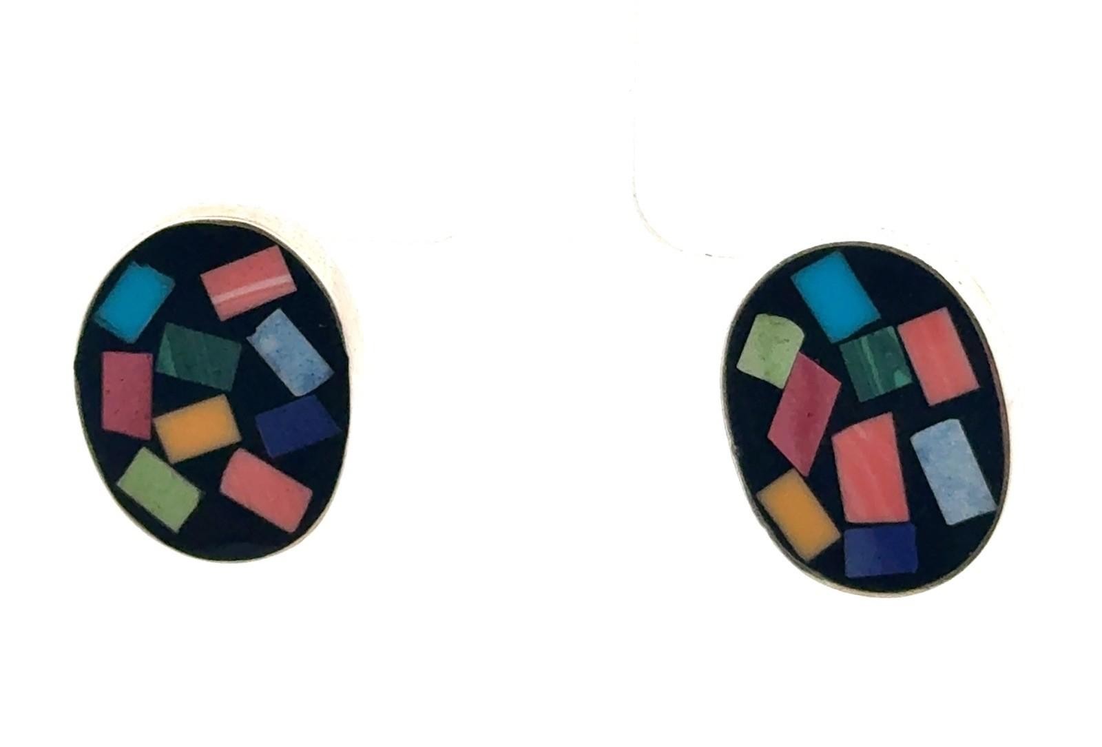 Vintage Taxco Native American Zuni 925 Sterling Silver Mosaic Earrings, 11g - Image 4