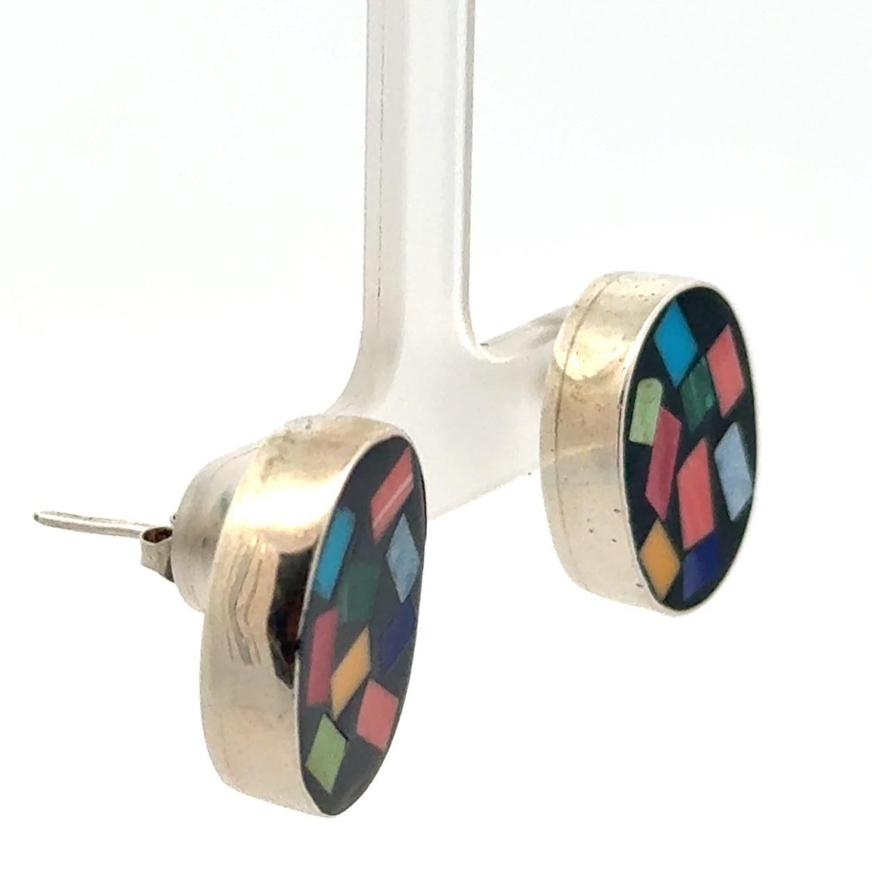 Vintage Taxco Native American Zuni 925 Sterling Silver Mosaic Earrings, 11g - Image 5