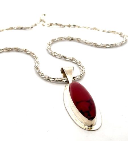 Vintage 18” Red Jasper 925 Sterling Silver Pendant Marked MWS, Mexico, 30.4g