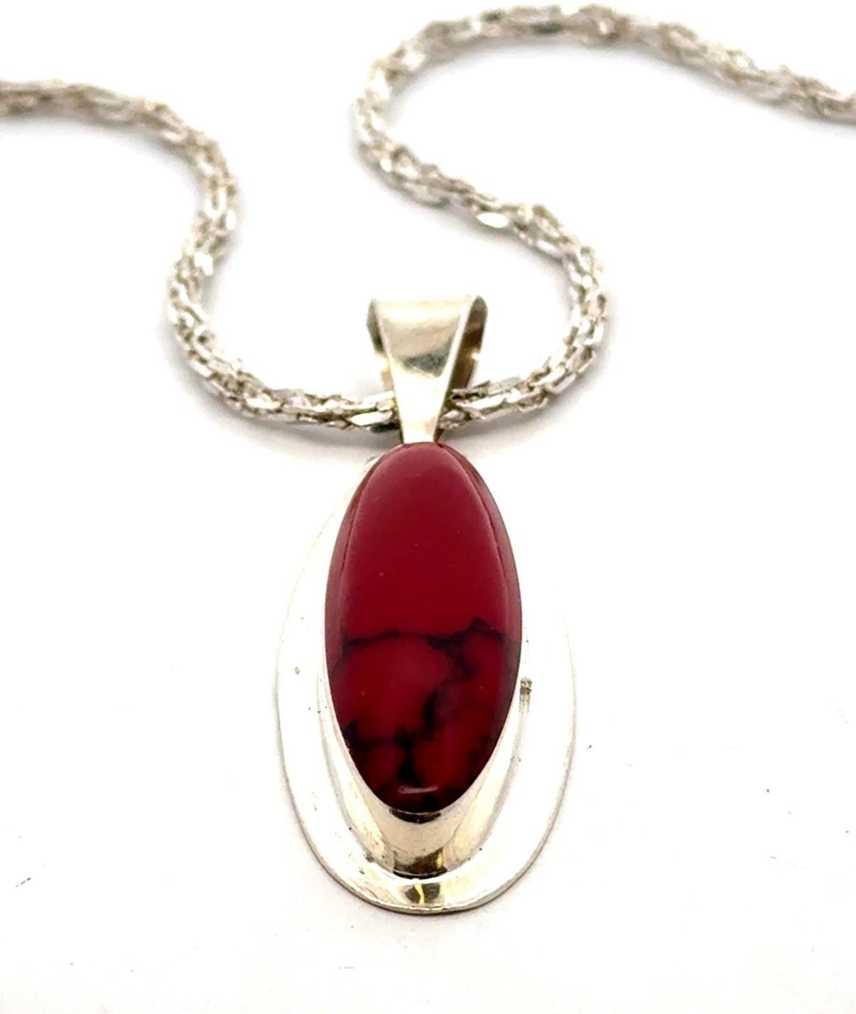 Vintage 18” Red Jasper 925 Sterling Silver Pendant Marked MWS, Mexico, 30.4g - Image 4