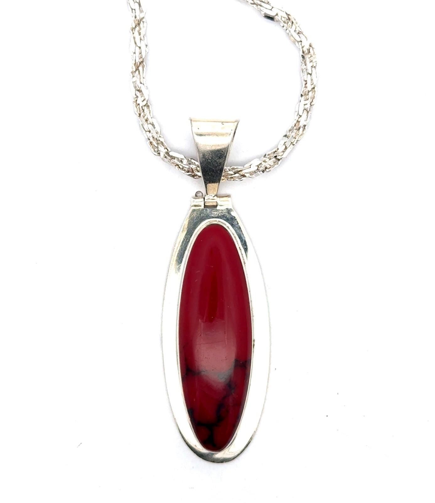 Vintage 18” Red Jasper 925 Sterling Silver Pendant Marked MWS, Mexico, 30.4g - Image 6