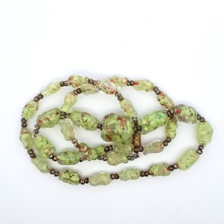 24" Murano Glass Graduated Bead Necklace, Green with Copper Color