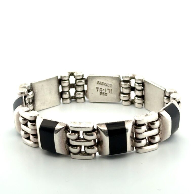 7” Mexico 950 Silver Heavy Onyx Link Bracelet 64.8g