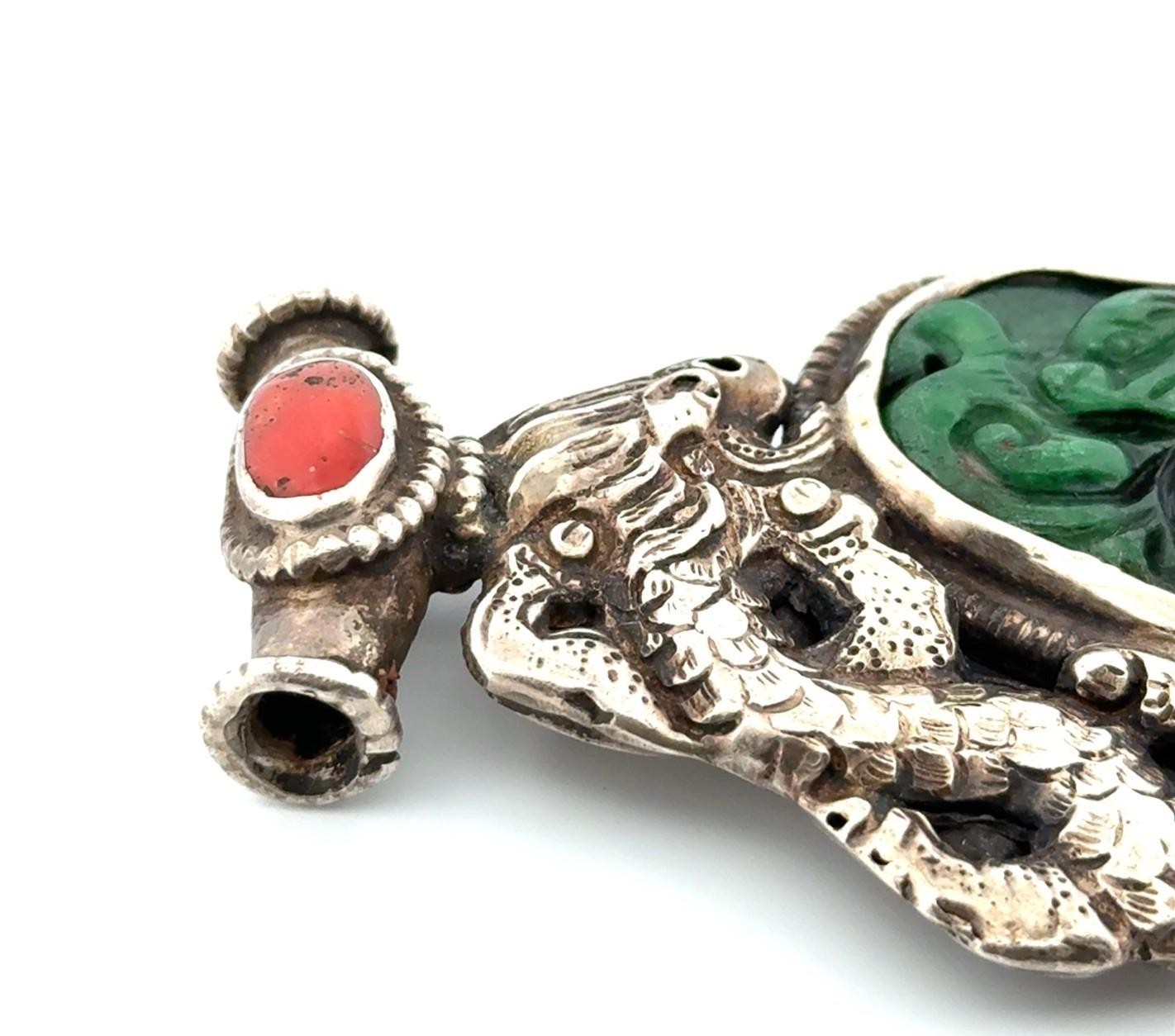 Large 925 Sterling Silver Carved Jade & Coral Dragon Pendant 52.1g - Image 3