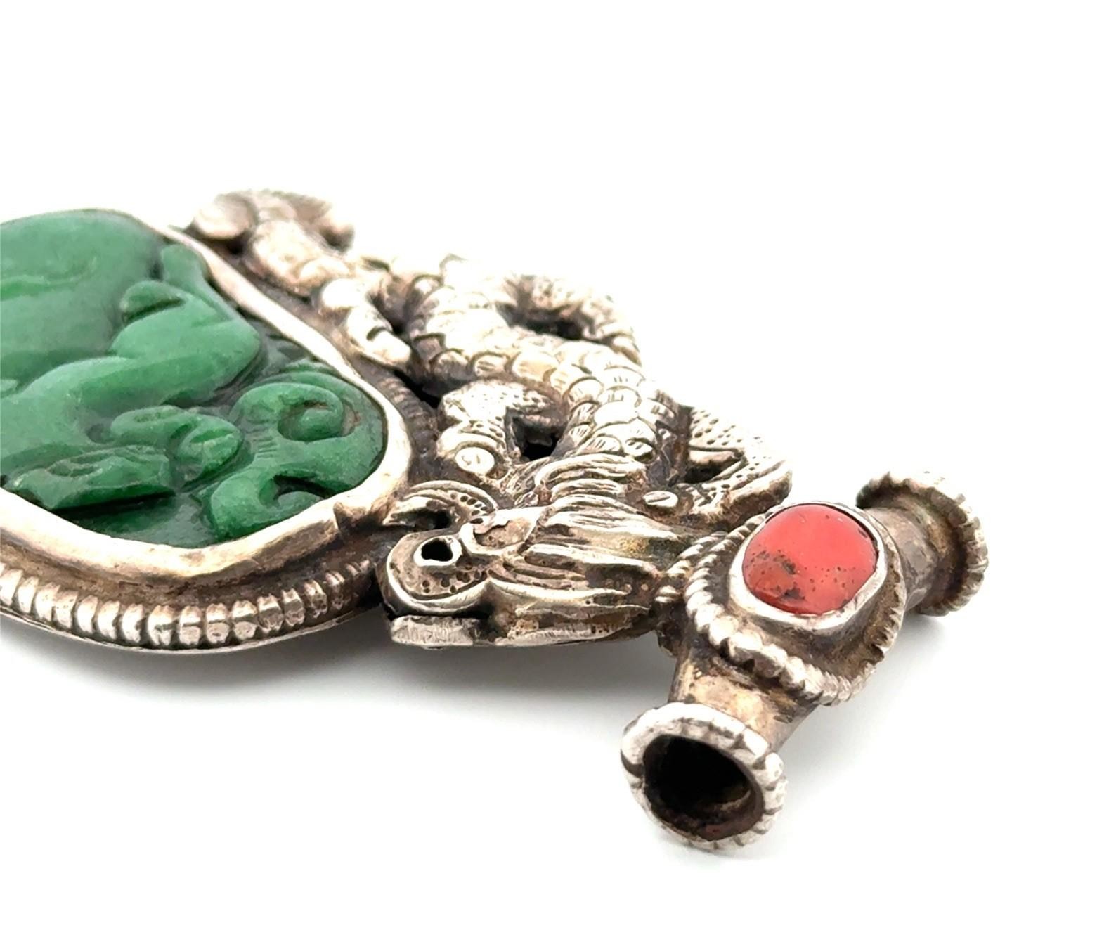Large 925 Sterling Silver Carved Jade & Coral Dragon Pendant 52.1g - Image 4
