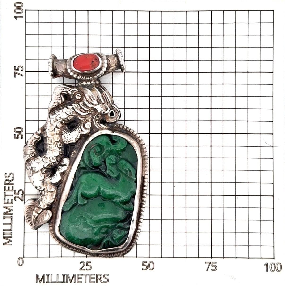 Large 925 Sterling Silver Carved Jade & Coral Dragon Pendant 52.1g - Image 6