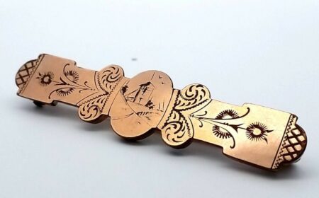 Antique Victorian Gold Filled Etched Engraved Bar Village Scene Brooch/Pin