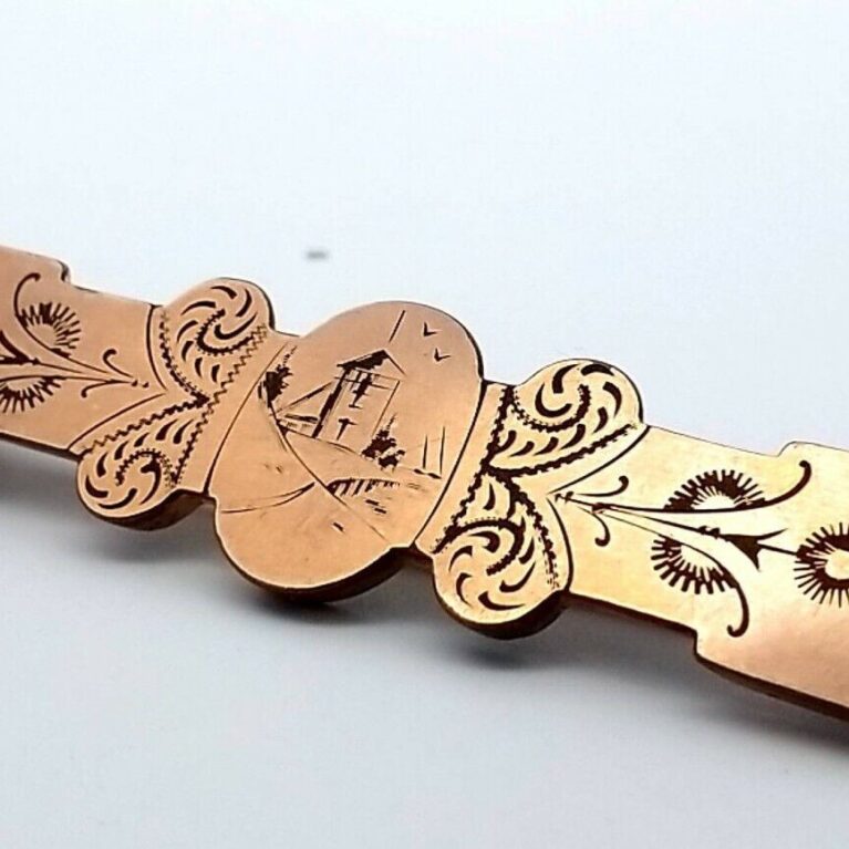 Antique Victorian Gold Filled Etched Engraved Bar Village Scene Brooch/Pin