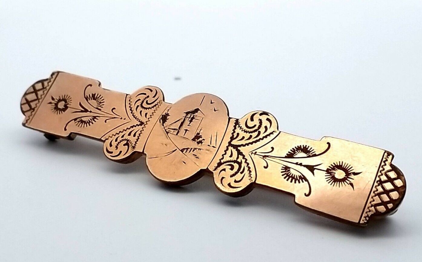 Antique Victorian Gold Filled Etched Engraved Bar Village Scene Brooch/Pin