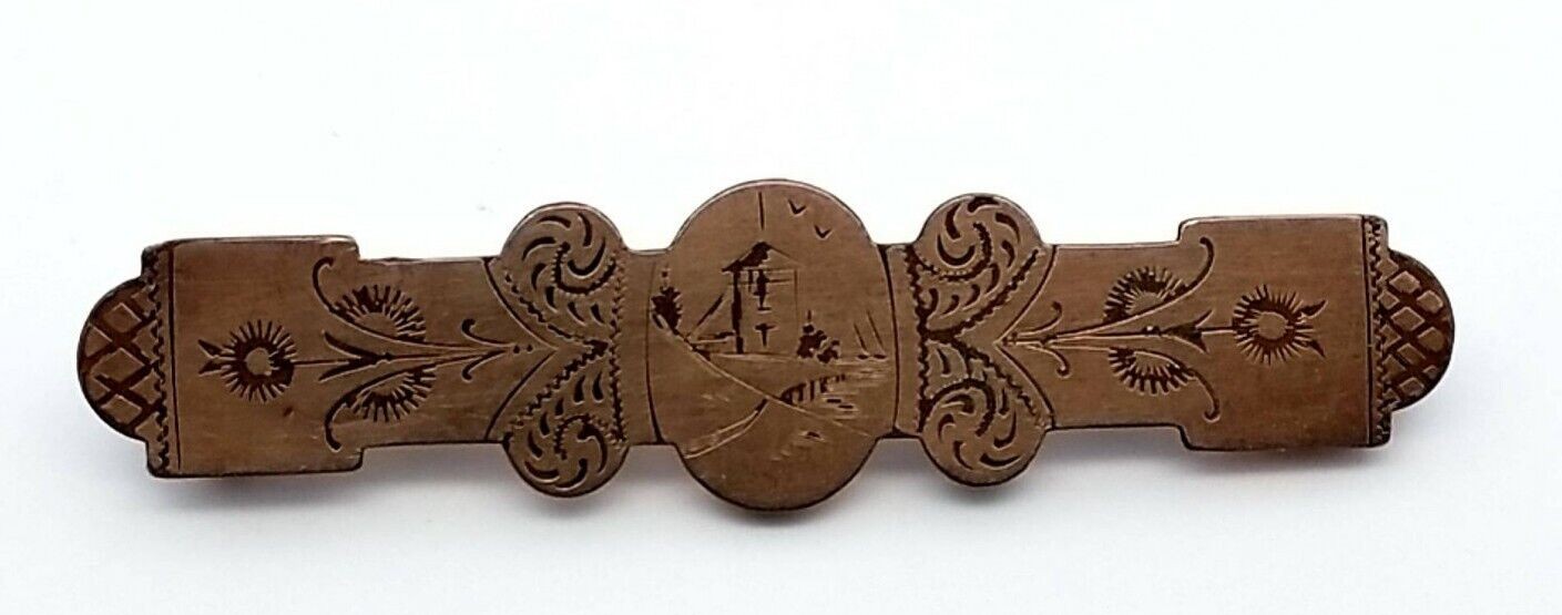 Antique Victorian Gold Filled Etched Engraved Bar Village Scene Brooch/Pin - Image 3