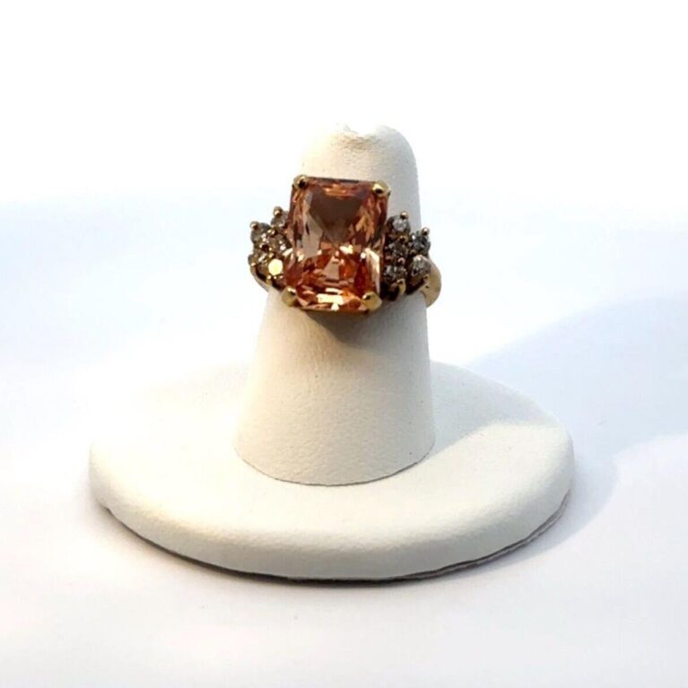 .925 Sterling Silver (Gold Tone) Emerald Cut Citrine & CZs, Size 6 Ring -7.6g
