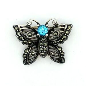 Vintage 925 Sterling Silver Marcasite And Blue Topaz Pin/Brooch 3.9 Grams