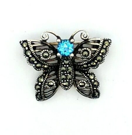 Vintage 925 Sterling Silver Marcasite And Blue Topaz Pin/Brooch 3.9 Grams