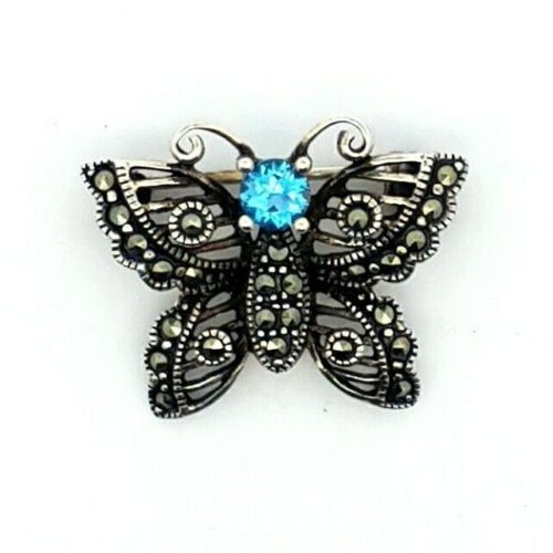 Vintage 925 Sterling Silver Marcasite And Blue Topaz Pin/Brooch 3.9 Grams