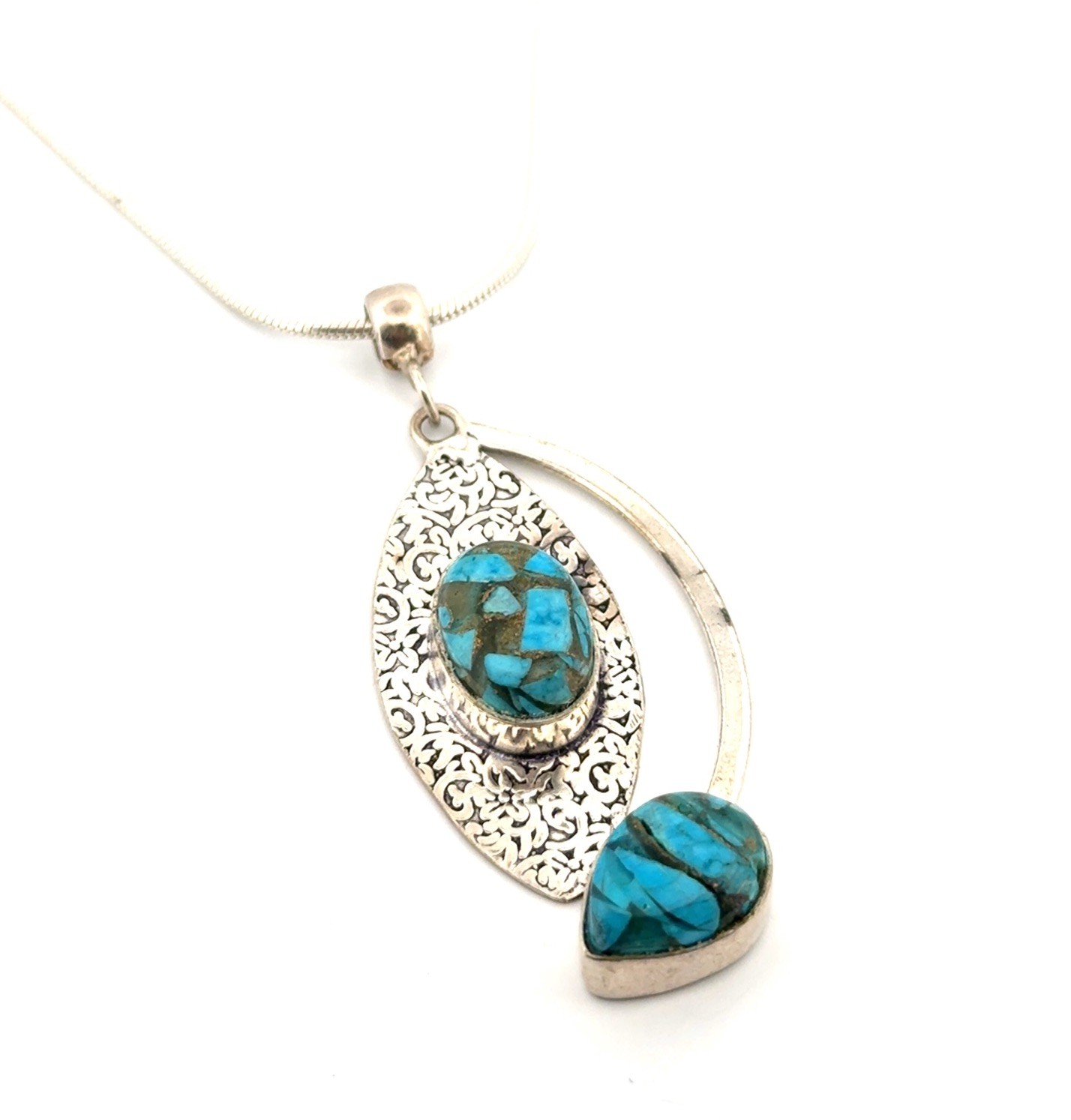 20” - 925 Sterling Silver Modernist Turquoise Chip Pendant Snake Chain Necklace