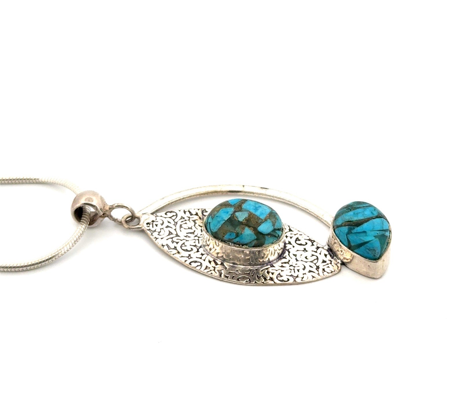 20” - 925 Sterling Silver Modernist Turquoise Chip Pendant Snake Chain Necklace - Image 2