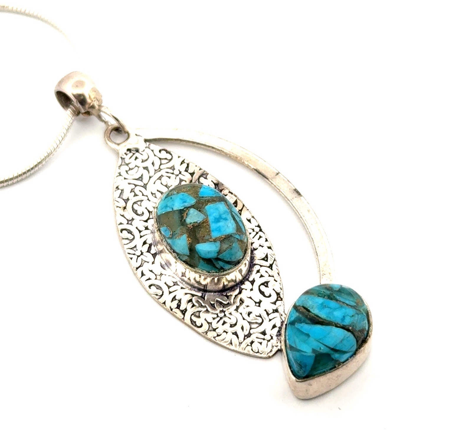 20” - 925 Sterling Silver Modernist Turquoise Chip Pendant Snake Chain Necklace - Image 3