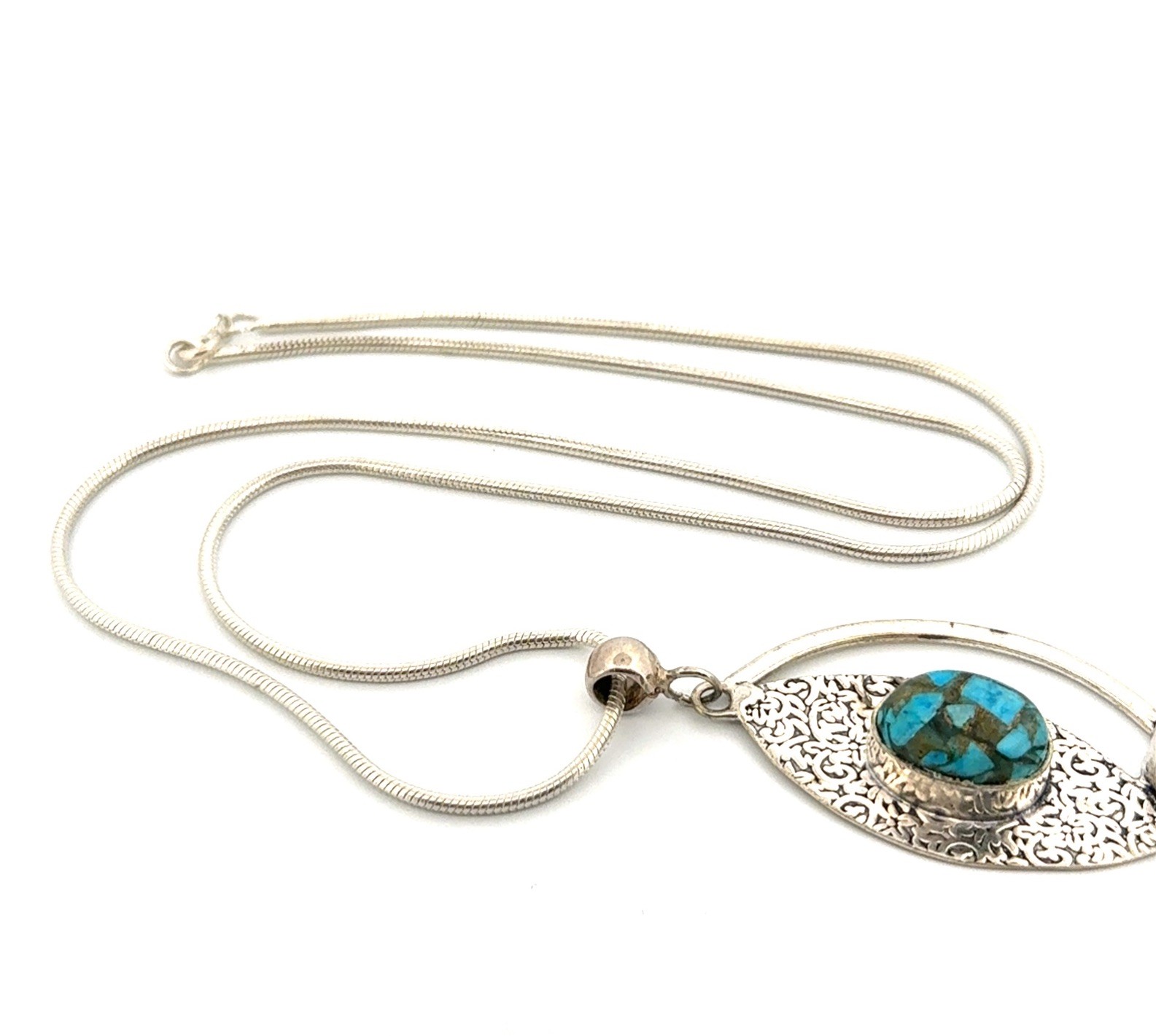 20” - 925 Sterling Silver Modernist Turquoise Chip Pendant Snake Chain Necklace - Image 5
