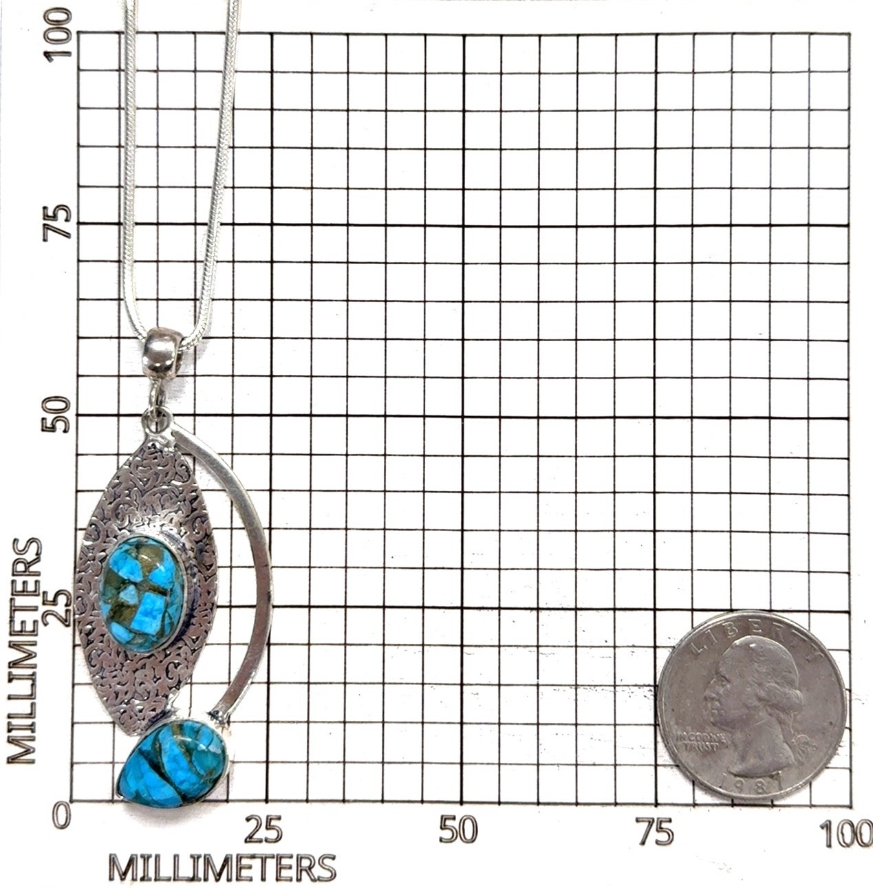 20” - 925 Sterling Silver Modernist Turquoise Chip Pendant Snake Chain Necklace - Image 7