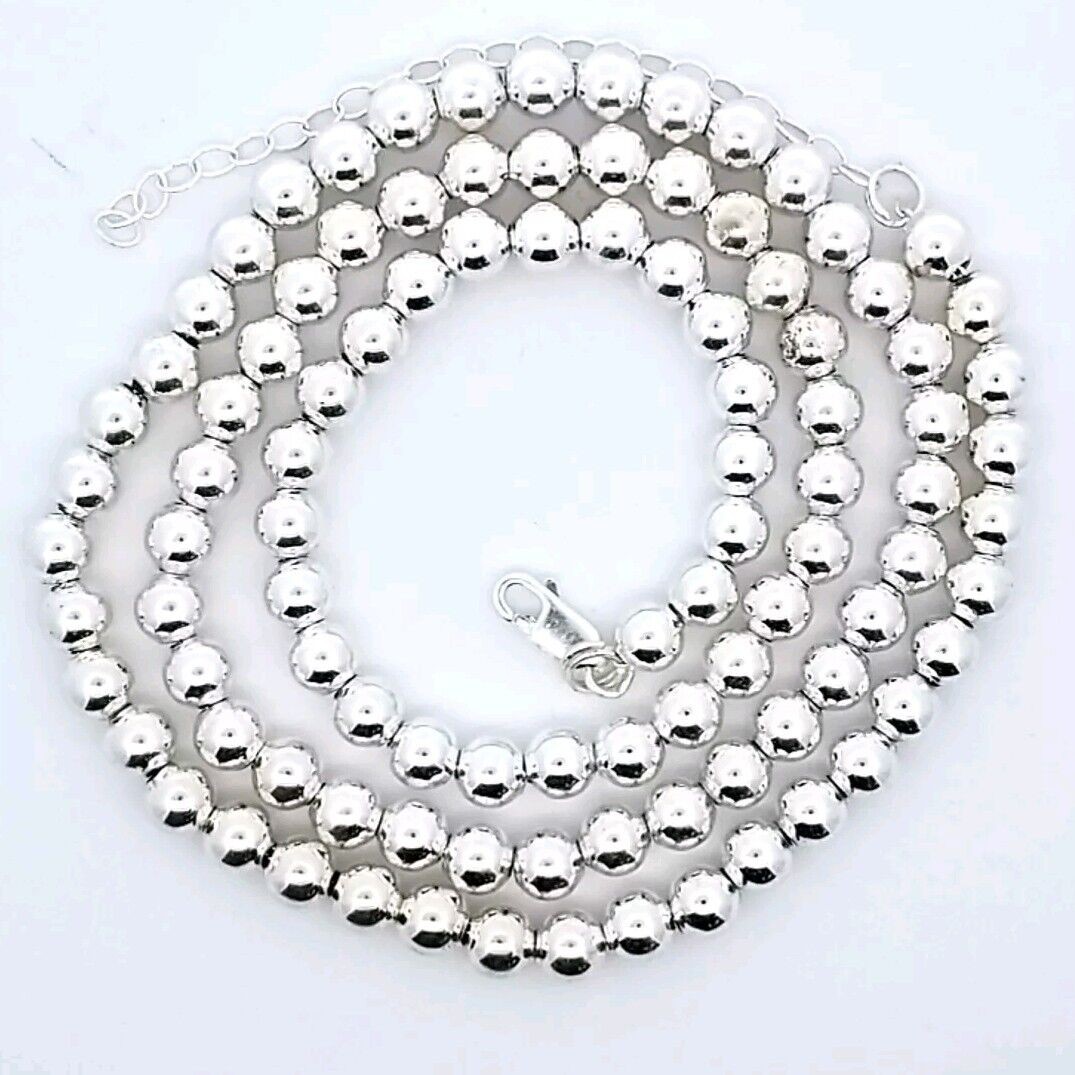 925 Sterling Silver 6mm Wide Bead 24" Necklace w/ 3" Extender 42.7 Grams - Image 4