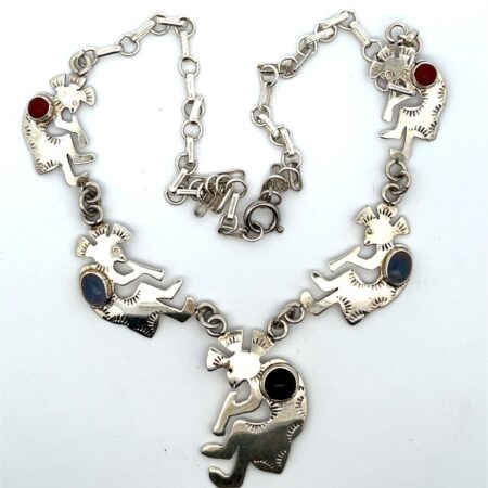 Sterling Silver Kokopelli 19” Necklace W/Moonstone,Onyx,Carnelian Stones 21.5 Gr