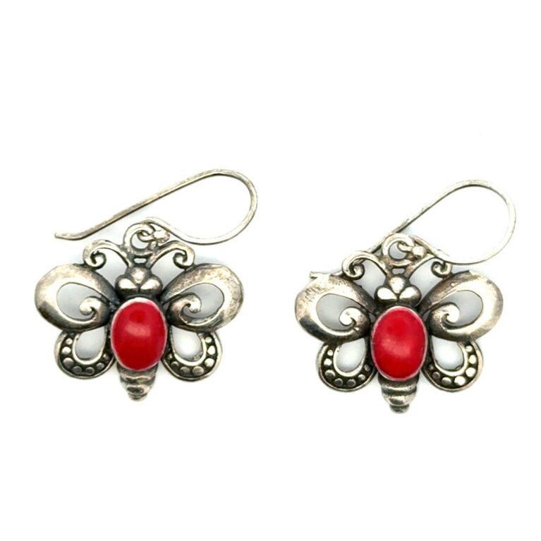 .925 Sterling Silver Red Corral Butterfly Earrings, 3.1g